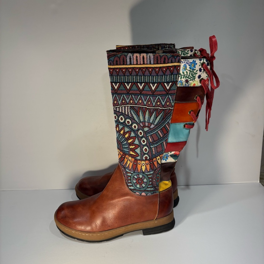 Bohemian Socofy Patchwork Lace-Up Boots - Picture 4 of 12